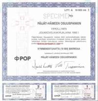 Päijät-Hämeen Osuuspankki , Verollinen joukkovelkakirjalaina 1992 I   10 000 mk  Lahti 2.1.1992,   specimen   joukkovelkakirjalaina