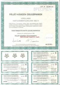 Päijät-Hämeen Osuuspankki   Verollinen Vastuudebentuurilaina  1992 III    50  000 mk  Lahti 28.12.1991,   specimen   depentuurilaina