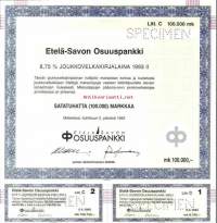 Etelä-Savon Osuuspankki   Joukkovelkakirjalaina 1993 II   100 000 mk  Mikkeli  5.4.1993,   specimen   joukkovelkakirjalaina
