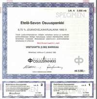 Etelä-Savon Osuuspankki   Joukkovelkakirjalaina 1993 II   5000 mk  Mikkeli  5.4.1993,   specimen   joukkovelkakirjalaina