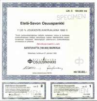 Etelä-Savon Osuuspankki   Joukkovelkakirjalaina 1992 II   100 000 mk  Mikkeli  27.4.1993,   specimen   joukkovelkakirjalaina
