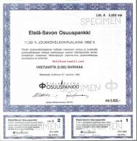 Etelä-Savon Osuuspankki   Joukkovelkakirjalaina 1992 II   5000 mk  Mikkeli  27.4.1993,   specimen   joukkovelkakirjalaina