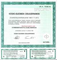 Etelä-Savon Osuuspankki   Joukkovelkakirjalaina 1992 V  10 000 mk  Mikkeli  14.12.1992,   specimen   joukkovelkakirjalaina