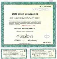 Etelä-Savon Osuuspankki   Joukkovelkakirjalaina 1993 IV  100 000 mk  Mikkeli  15.10.1993,   specimen   joukkovelkakirjalaina