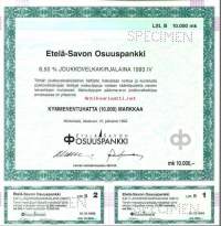 Etelä-Savon Osuuspankki   Joukkovelkakirjalaina 1993 IV  10 000 mk  Mikkeli  15.10.1993,   specimen   joukkovelkakirjalaina