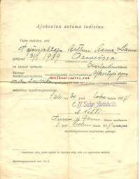 Ajokoulun antama todistus Salo 30.10.1928