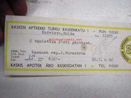 Kasken Apteekki, Turku, 20.7.1962 -apteekkisignatuuri