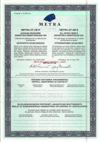 Metra Oy  B-sarjan osakkeisiin vaihdettava Depentuurilaina  1994   100 000 mk , Helsinki 24.3.1994  specimen