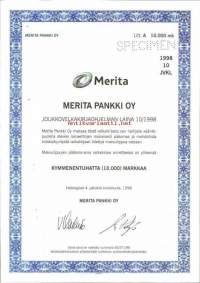 Merita Pankki Oy Joukkovelkakirjaohjelman laina 10/1998  specimen,  10 000 mk  Helsinki  4.5.1998  - joukkovelkakirjalaina