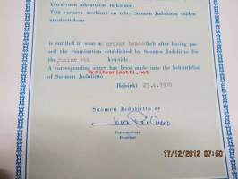 Suomen Judoliitto, Diplomi, Matti Niemelä oikeutetaan käyttämään oranssipäistä vyötä... nuorten 4. kyu-arvoon oikeuttavan tutkinnon, 25.6.1970