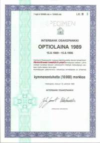 Interbank Osakepankki  optiolaina  1989, 10 000 mk, Helsinki 15.8.1989 - specimen