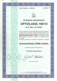 Interbank Osakepankki  optiolaina  1991/II, 10 000 mk, Helsinki 23.12.1991