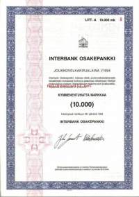 Interbank Osakepankki, Joukkovelkakirjalaina  I/1994 specimen,  10 000 mk  Helsinki 26.4.1994
