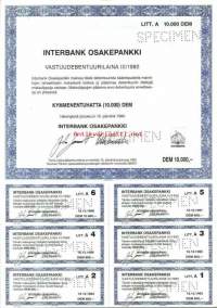Interbank Osakepankki, Vastuudebentuurilaina  III/1992 specimen,  10 000 DEM   Helsinki 16.12.1992