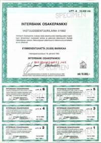 Interbank Osakepankki, Vastuudebentuurilaina  III/1992 specimen,  10 000 DEM   Helsinki 16.12.1992