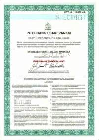 Interbank Osakepankki, Vastuudebentuurilaina  I/1992 specimen,  10 000 Mk   Helsinki 16.12.1992