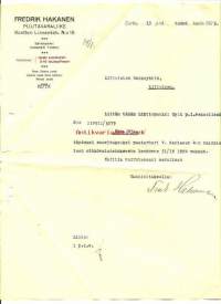 Fredrik Hakanen, Puutavaraliike  - firmalomake -   1925