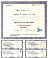 Postipankki,  Joukkovelkakirjalaina  I/1997  100 000 mk  Helsinki  17.3.1997  specimen