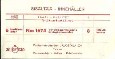 N:o 1674 Voileipämarmelaadia 6 ltk a 8 tölkkiä - tukkupakkaus tuote-etiketti  1940-luku