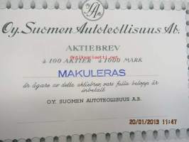 Oy Suomen Autoteollisuus Ab 100 000 mk -osakekirja