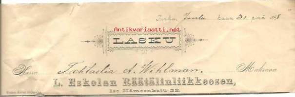 L.Eskolan Räätälinliike Iso Hämeenkatu 22 Turku  - firmalomake 1898