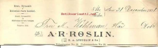 A.R.Roslin Nylandsgatan 19, ruuti, dynamiitti ja siirtomaatavara kauppa Turku  - firmalomake 1905