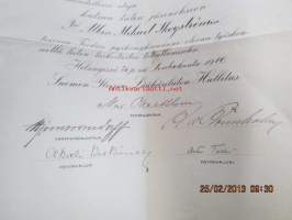 Albin Mikael Skogström -koulu- ja opiskelutodistuksia 1900-luvun alkuvuosilta, asiakirjojen allekirjoittajina mm. Arthur Clopath, Max Åkerblom, Fred. Elfving ym.