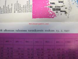 Ohjeita ulkomaille matkustaville Helsingin Osakepankki esite 1957, sisältää mm. markka ulkomaan valuutassa 13.2.1957 turistikurssin mukaan