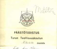 Päästötodistus  1932 - Turun Teollisuuskoulu Kulkulaitossosasto - koulutodistus