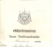 Päästötodistus  1932 - Turun Teollisuuskoulu Koneenrakennusosasto - koulutodistus