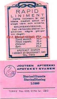 Joutsen Apteekki - apteekkietiketti   -  Sterisoliliuosta ja Rapid liniment, 2 eril