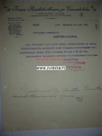 Turun Rautateollisuus ja Vaunutehdas Oy Turku 12.9.1922 -asiakirja
