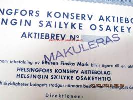 Helsingfors Konserv Ab Helsingin Säilyke Oy, Helsinki 1930, 1 000 mk -osakekirja