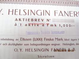 Oy Helsingin Faneri Ab, Helsinki 193?, 1 000 mk -osakekirja