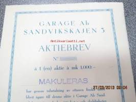 Garage Ab Sandvikskajen 3, Helsinki 1950, 1 000 mk -osakekirja