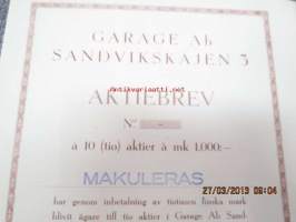 Garage Ab Sandvikskajen 3, Helsinki 1950, 10 000 mk -osakekirja