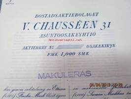 Bostadsaktiebolaget V. Chausséen 31 Asunto-osakeyhtiö, Helsinki 1925,     1 000 mk -osakekirja
