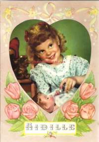 Äitienpäiväkortti- pikku äiti, onnittelukortti, taittokortti, postikortti, kulkenut 50-luvun alku