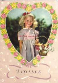 Äitienpäiväkortti- kukkia äidille, onnittelukortti, taittokortti, postikortti, kulkenut 50-luvun alku