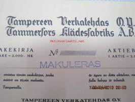 Tampereen Verkatehdas Oy, Tampere 1949, 1 osake 2 000 mk -osakekirja