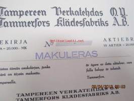 Tampereen Verkatehdas Oy, Tampere 1949, 10 osaketta 20 000 mk -osakekirja