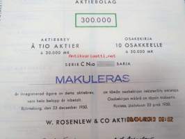 W. Rosenlew &amp; Co Ab, Pori 1950, 10 osaketta á 30 000 mk -osakekirja