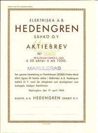 Sähkö Oy Hedengren   blanko osakekirja 1944, Helsinki