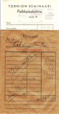 Tornion Seminaari , palkkapussi  tilipussi 30.4.1957 -    firmakuori