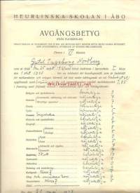 Avgångsbetyg (från flickskolan)  1947 - Heurlinska Skolan i Åbo - koulutodistus