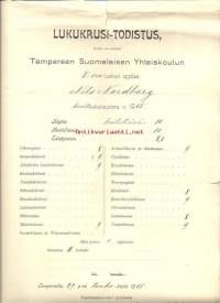 Lukukausi-todistus, Tampereen Suomalainen Yhteiskoulu 1905 - koulutodistus