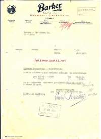 Barker  Oy  Puuvillatehdas  Barker-Littoinen Turku  -   firmalomake 30.8.1951