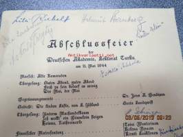 Abschlussfeier der Deutschen Akademie, Lektorat Turku am 11. Mai 1944 -päätösjuhlan ohjelma, allekirjoituksia mm. Astrid Freytag, Kerttu Elima, Estella Pekkola,