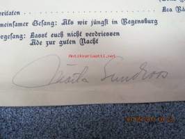 Abschlussfeier der Deutschen Akademie, Lektorat Turku am 11. Mai 1944 -päätösjuhlan ohjelma, allekirjoituksia mm. Astrid Freytag, Kerttu Elima, Estella Pekkola,