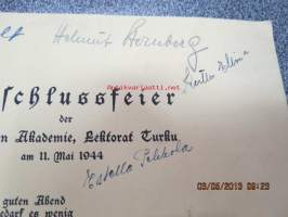 Abschlussfeier der Deutschen Akademie, Lektorat Turku am 11. Mai 1944 -päätösjuhlan ohjelma, allekirjoituksia mm. Astrid Freytag, Kerttu Elima, Estella Pekkola,